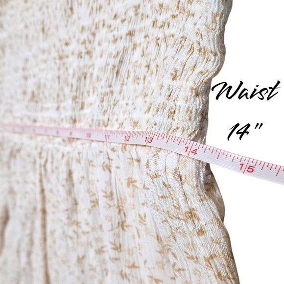 Boho Floral Smocked Mini Dress Beige Prairie Core Ruffle Hem XS Long Sleeve - Picture 9 of 11